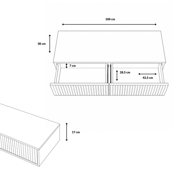 Konsola wisząca z 2 szufladami, front ryflowany, 100 x 38 x 17 cm, 9073281