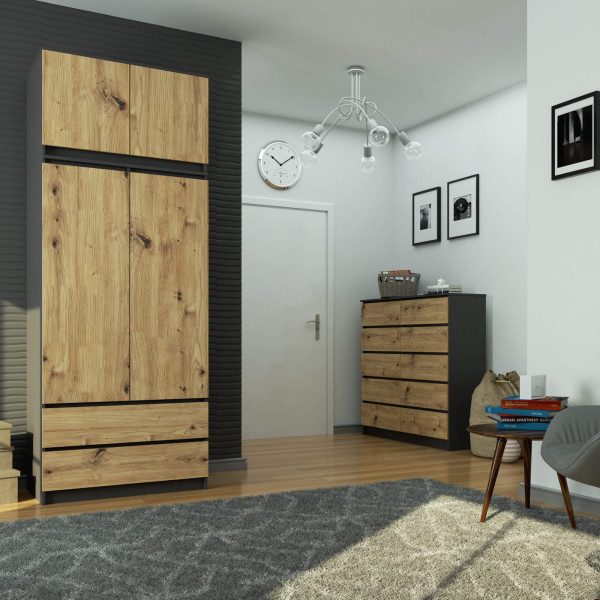 Nadstawka na szafę S90 Grafit Szary 90 cm 2 drzwi Dąb Artisan 2 półki, 9237521