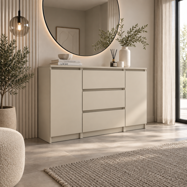 Komoda 2-drzwiowa z 3 szufladami, 120 x 78 x 39 cm, kolor: beżowy, 9360992