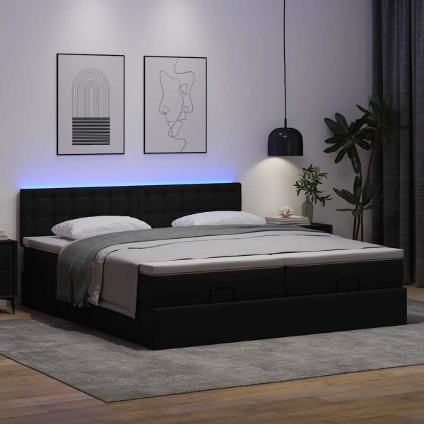 Łóżko 160x200 Tapicerowane z Materacem z LED z Ekoskóry Czarne do Sypialni, 9383001