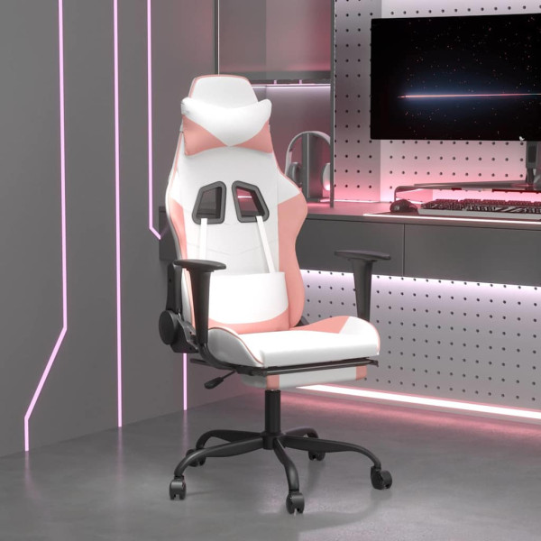 Fotel Gamingowy z Ekoskóry z Podnóżkiem Ergonomiczny Biało-Różowy do Biurka, 9438871