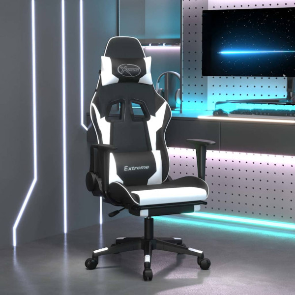 Fotel Gamingowy z Ekoskóry z Podnóżkiem Ergonomiczny Czarno-Biały do Biurka, 9438921