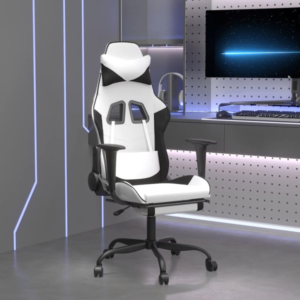 Fotel Gamingowy z Ekoskóry z Podnóżkiem Ergonomiczny Biało-Czarny do Biurka, 9439195