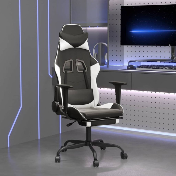 Fotel Gamingowy z Ekoskóry z Podnóżkiem Ergonomiczny Czarno-Biały do Biurka, 9439270