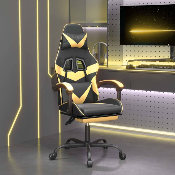 Fotel Gamingowy z Ekoskóry z Podnóżkiem Ergonomiczny Czarno-Złoty do Biurka, 9439447