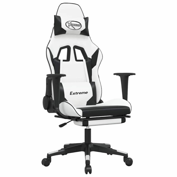 Fotel Gamingowy z Ekoskóry z Podnóżkiem Ergonomiczny Biało-Czarny do Biurka, 9441943