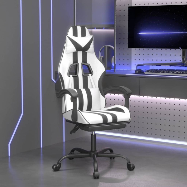 Fotel Gamingowy z Ekoskóry z Podnóżkiem Ergonomiczny Biało-Czarny do Biurka, 9444180