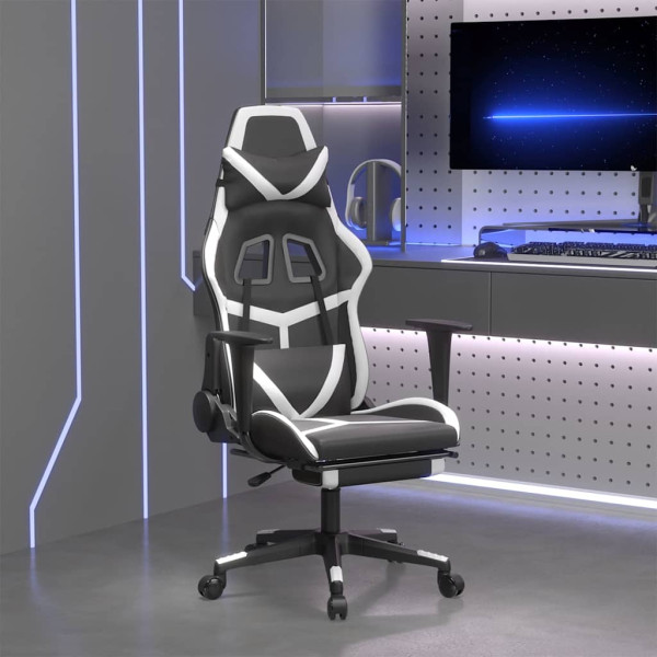 Fotel Gamingowy z Ekoskóry z Podnóżkiem Ergonomiczny Czarno-Biały do Biurka, 9444246