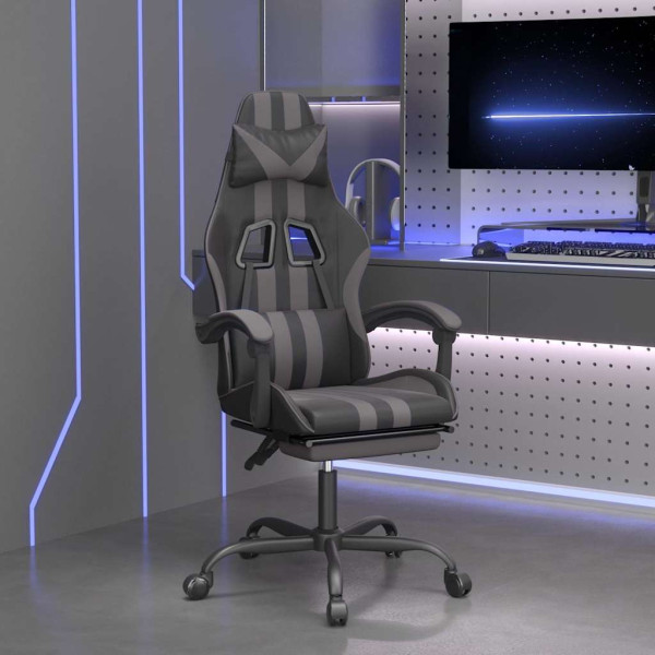 Fotel Gamingowy z Ekoskóry z Podnóżkiem Ergonomiczny Czarno-Szary do Biurka, 9445042