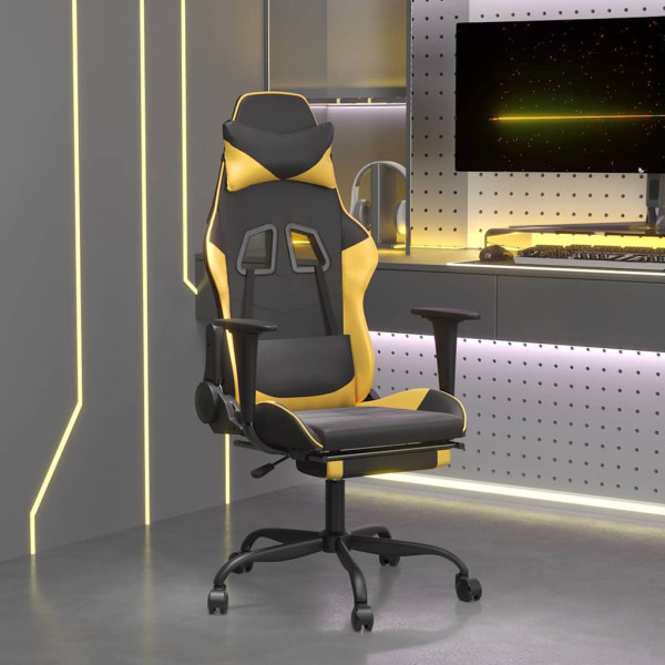 Fotel Gamingowy z Ekoskóry z Podnóżkiem Ergonomiczny Czarno-Złoty do Biurka, 9445156