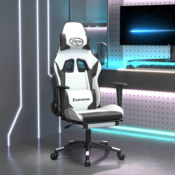 Fotel Gamingowy z Ekoskóry z Podnóżkiem Ergonomiczny Biało-Czarny do Biurka, 9445668
