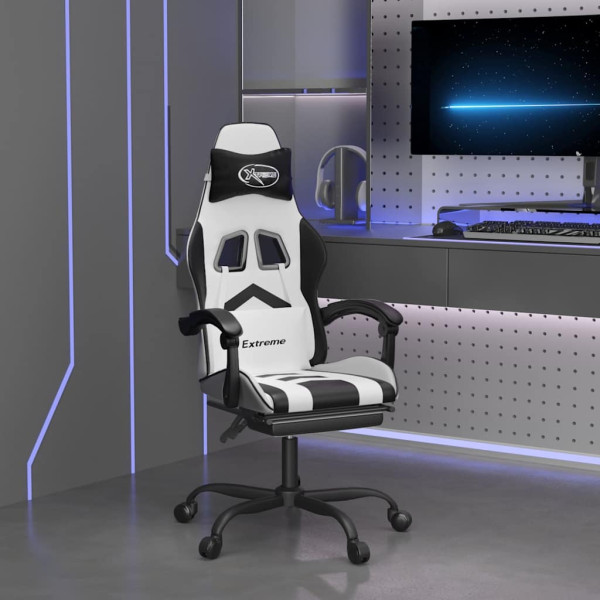 Fotel Gamingowy z Ekoskóry z Podnóżkiem Ergonomiczny Biało-Czarny do Biurka, 9445934