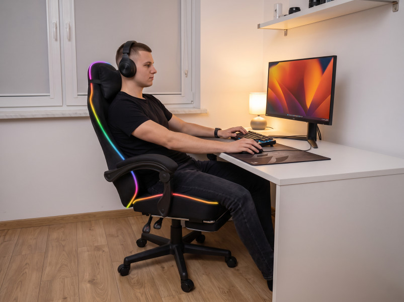 Fotel gamingowy tkanina kubełkowy krzesło biurowe Podnóżek + Masaż + LED, 9453501