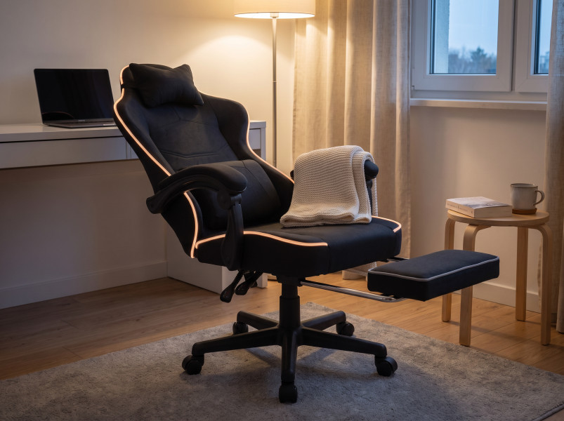 Fotel gamingowy tkanina kubełkowy krzesło biurowe Podnóżek + Masaż + LED, 9453502