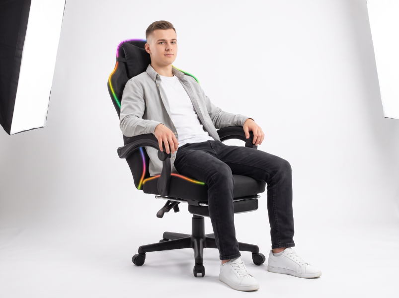 Fotel gamingowy tkanina kubełkowy krzesło biurowe Podnóżek + Masaż + LED, 9453504