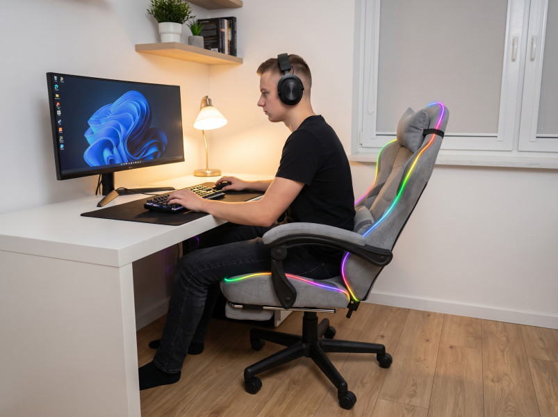 Fotel gamingowy tkanina kubełkowy krzesło biurowe Podnóżek + Masaż + LED, 9453508