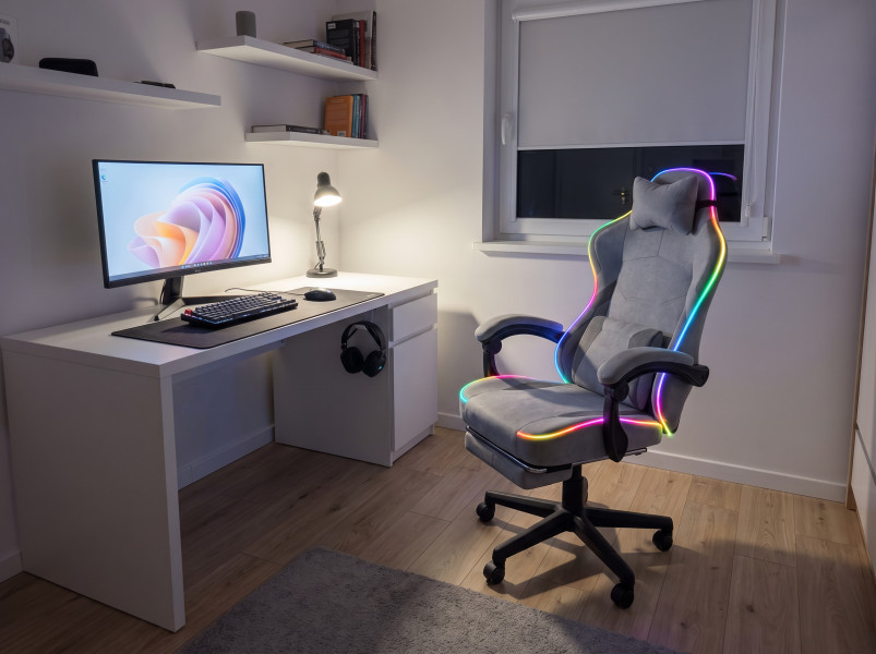 Fotel gamingowy tkanina kubełkowy krzesło biurowe Podnóżek + Masaż + LED, 9453510