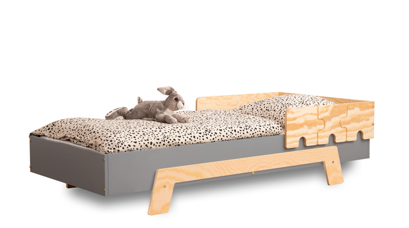 Łóżko poj. drewniane PUZZLE BR1 Szare z barierką -SMARTWOOD®, 983347