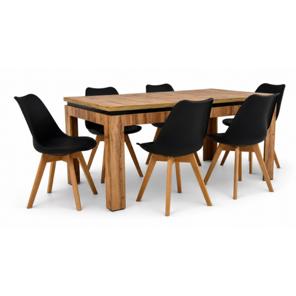 INSPIRO Zestaw stół C-16 dąb Wotan 160–200 cm + 6 czarnych krzeseł SL-02, 9869556