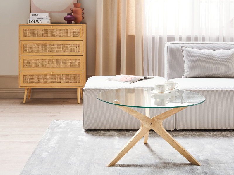 Stolik kawowy do salonu ø 80 cm szkło jasne drewno, 9889121