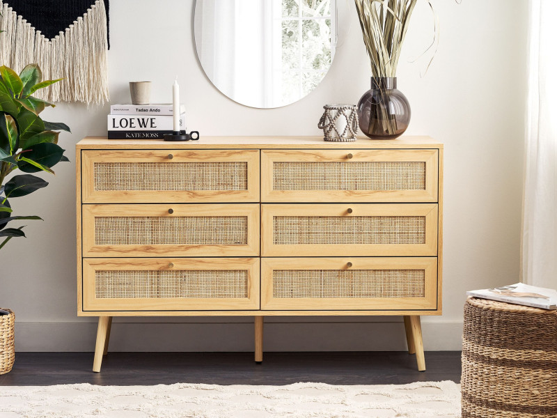 Komoda z 6 szufladami rattan plecionka boho, 9890597