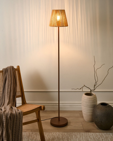 Lampa podłogowa brązowa metalowa podstawa papierowa plecionka klosz boho, 9909410