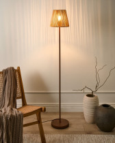 Lampa podłogowa brązowa metalowa podstawa papierowa plecionka klosz boho