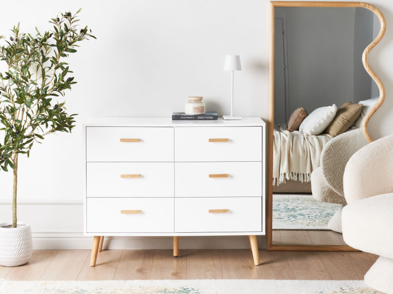 Komoda z 6 szufladami MDF z drewnianymi nóżkami biała, 9942331