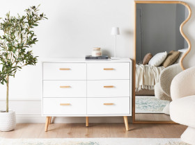 Komoda z 6 szufladami MDF z drewnianymi nóżkami biała
