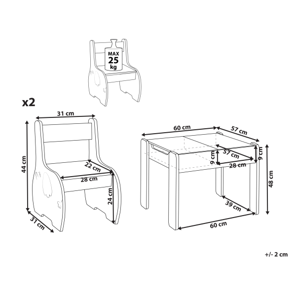 Zestaw dla dzieci stół 2 krzesła MDF, 9945619